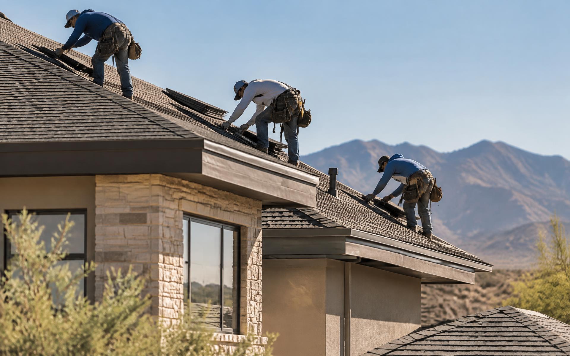 Roofing crew working on a residential roof in a desert setting